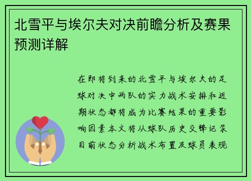 北雪平与埃尔夫对决前瞻分析及赛果预测详解