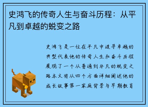 史鸿飞的传奇人生与奋斗历程：从平凡到卓越的蜕变之路