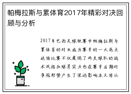 帕梅拉斯与累体育2017年精彩对决回顾与分析